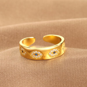 Gold Color Copper Wedding Jewelry AAA CZ Evil Eye Design Open Ring For Women Girl Engagement Gift