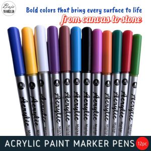 12 colors Acrylic Paint Marker Pens Quick Dry Permanent Waterproof Water Based for Fabric Rock Painting Stone Ceramic Glass Wood Porcelain Mugs Metal Christmas Gift DIY Crafts in portable box