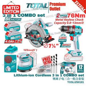 TOTAL Tools 20V 3 in 1 COMBO set BL Cordless circular saw Impact Drill Orbit sander - TOSLI250181