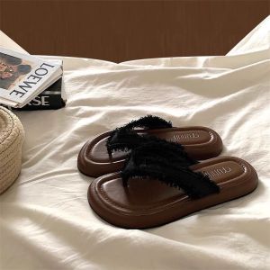 Free Shipping Trendy Ins-Style Wasteland Roman Sandals For Outdoor Wear Fashionable Fringed Color-Blocked Flat Lightweight Flip-Flops