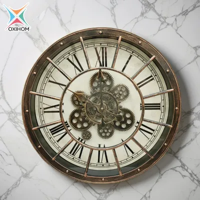 Oxihom Jam Dinding Bulat 45cm dengan Roda Gear Putar Jam Dinding Silent Vintage Aesthetic Mewah Modern Estetik
