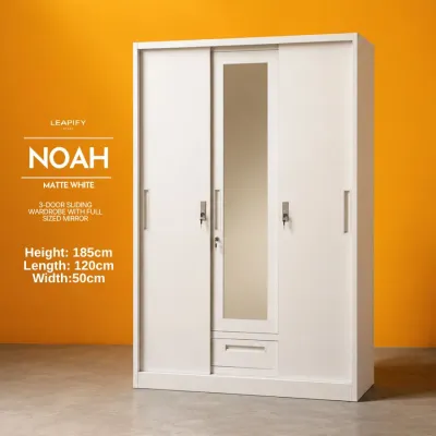 NAOMI | Sliding Steel Wardrobe with Full-sized Mirror by Leapify Steel - Heavy Duty Waterproof and Termite-proof