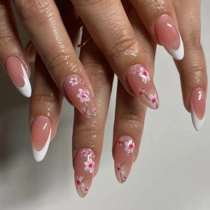 24 Pcs Flowers Artificial Nail French Tip Press On Nail Medium Almond Full Cover Stick On Nail Glossy False Nail