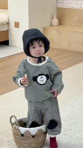 Baby striped outfit for autumn 2025 Boys clothing Korean-style childrens wear childrens long-sleeve two-piece autumn outfit