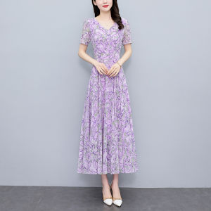Impression Fashion Store Women Elegant Chiffon Floral V-neck Short Sleeve High Waist Slim A-line Plus Size Long Pleated Dress