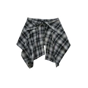 COOLCELLS Hiphop Váy kẻ caro có thắt lưng Phong cách Hàn Quốc Eo cao Váy có dây thắt lưng Váy có viền không đều Váy lót Váy ngắn A-line mini Những cô gái ngầu