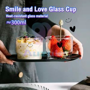 AUK Transparent Smile and Love Glass Cup 300ml Heat Resistant