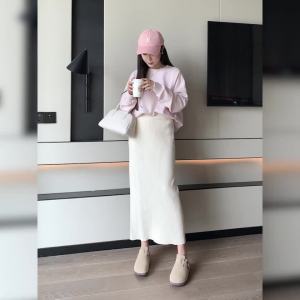 Ammin phong cách Hàn Quốc eo cao co giãn váy dệt kim nữ 2024 Mùa Thu/đông dài thẳng quấn hình ống váy hông màu kẹo váy chữ A xếp li