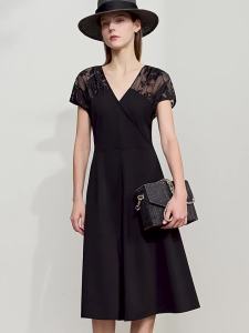 Summer minimalist V-neck form-fitting lace small flying sleeves cinched waist A-line mid-length dress QZ2-1254TM2261-B