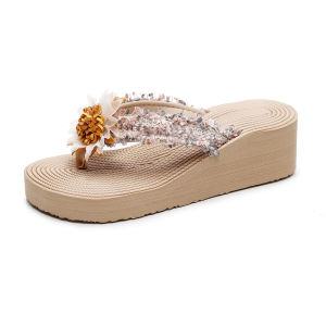 [Free Shipping] Bohemian faux straw rope woven appliqué flip-flops summer sandals for women outdoor wear wedge high-heeled beach shoes