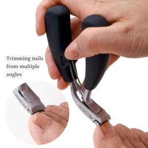 Elbowed large-opening nail clippers with sharp blades and splash-proof storage for thick toenails. Heavy-duty big toe nail clippers for men with thick nails wide opening sharp ingrown toenails long handles with tilted curved blades.
