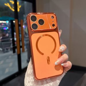 Luxury Solid Color Leather For Magsafe Magnetic Case For iPhone 17 16 15 14 13 12 Pro Max Plating Bumper Wireless Charge Cover