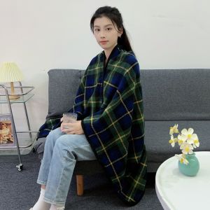 AMBKD Mùa đông Chăn mặc được Thường ngày Vải flanen Chăn kẻ sọc dày Có nút Khăn choàng chăn