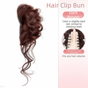 OMQAIO Fashion Long Beard Flower Bud Wig Claw Clip Ponytail Broken Hair Ball Head Wig Hair Accessory Fluffy Elegant High Bun with Loose Strands Women
