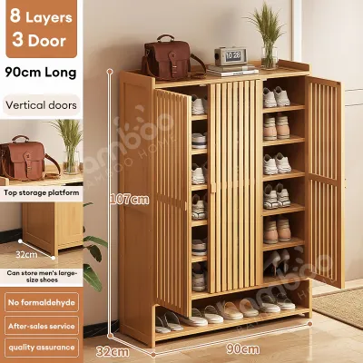 Bamboo Shoe Cabinet Outdoor 2/3/4 Door Closed Shoe Cabinet Dustproof/Breathable Shoe Cabinet