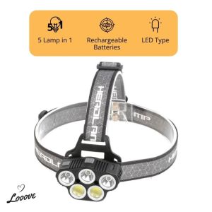 Headlamp Super Terang 5 LED Rechargeable USB Type C Motion Sensor