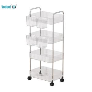 4 Layer Rolling Trolley Storage Rack with Hanging Basket Mobile Storage Shelf Transparent Rolling Cart for Bedroom Living Room [Vodool Official Center]