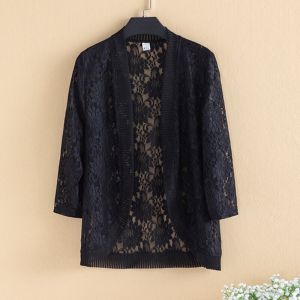 6xl Big Size Women Jackets Three Quarter Sleeve Solid Lace Patchwork Thin Coat New 2021 Ladies All Match Casual Open Stitch Tops