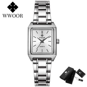 WWOOR  Women Watch Quartz Full Steel Ladies Bracelet Wristwatches Fashion Elegant Female Silver Square Clock