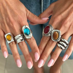 MARGETT Exaggerated Stackable Rings Y2K Alloy Inlaid Stone Rings Set Punk Style Ethnic Style Geometric Open Ring Women