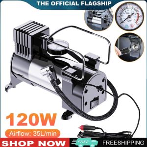[Uehomeie] 12V Car Tire Pump with Pressure Gauge Heavy Duty Deluxe Portable Metal Air Compressor Cylinder Power System Car Tyre Inflator Car Tire Inflatable Pump
