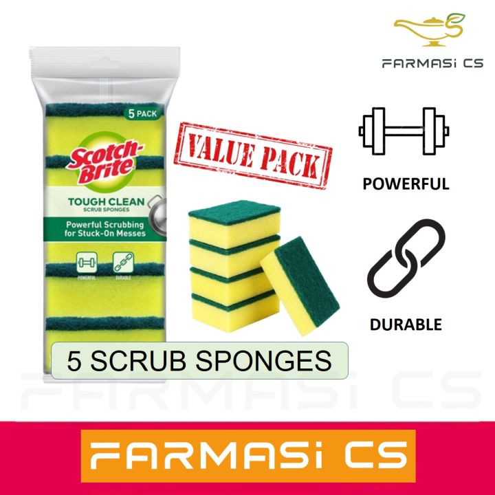 3M Scotch Brite Tough Clean Scrub Sponges Value Pack 5 Pieces [ 3x