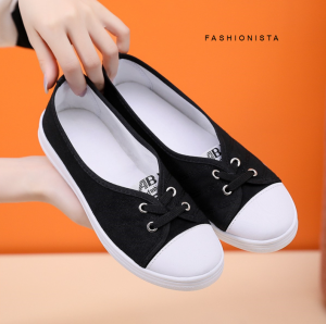 [ส่งเร็วพิเศษ!] รองเท้าสลิปออน ผ้าใบ ผูกเชือก แบบสววม สีดำ สีขาว