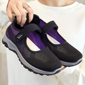 Hot Seller Slip On Comfortable Mesh Rubber Shoes For Women On Sale Fly Woven Leisure Walking Shoes Low Cut Velcro Shoes