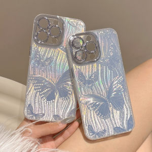 Blue gradient butterfly phone case for iPhone 13 14 15 16 Pro Max casing Flash powder lens film anti drop hard cover for iPhone16 case