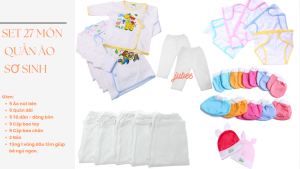 [TẶNG VÒNG DÂU TẰM ] Combo 27 Món Sơ Sinh Trắng ( 5 Áo bác sĩ + 5 Quần + 10 Bao Tay Chân + 2 Nón + 5 Tã)