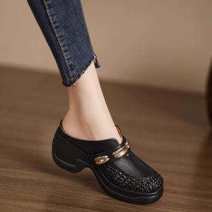 Free Shipping Mesh Leather Woven Toe-Cap WomenS Half-Slipper Hollow And Breathable 2026 Spring/Summer New Style Thick-Soled Height-Increasing Fashionable WomenS Slippers