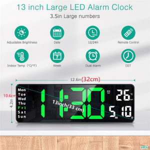 ORIA Large Digital Wall Clock with Remote 13" Large Display LED Alarm Clock with Time Date Temp Week Desk Clock with Countdown Function 12/24H Adjustable Brightness for Living Room Gym Shop Warehouse Office Classroom Decor
