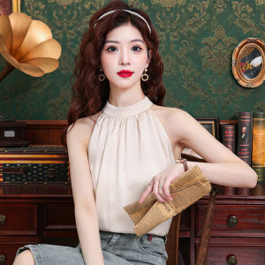 AMMIN เสื้อเบลาส์เปิด-ปิดเรียบง่ายสะพายไหล่สำหรับผู้หญิงเสื้อเบลาส์แขนกุดแฟชั่นสไตล์สไตล์เกาหลีดีไซน์หรูหรา2024ฤดูร้อนเสื้อชีฟองสีทึบ