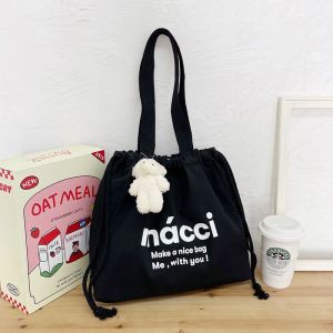 JENL Drawstring Bag Canvas Bag for Women INS Japanese Style Handbag Tote Bag Large Capacity Shoulder Bag