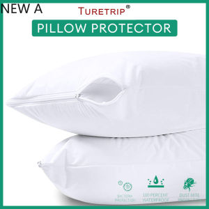 【NEW A 】Turetrip Pillowcase Waterproof Set of 2 Anti Mites Bed Bug Proof Zipper Pillow Cover Protector (Smooth)