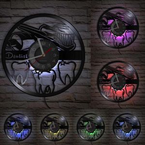 12 Dentist Equipment LED Vinyl Record Wall Clock with 7 Colors Changing Silent for Dental Office Teeth Wall Sign Decorative Hanging Night Light Wall Clock Watch Orthodontist Nurse Gift