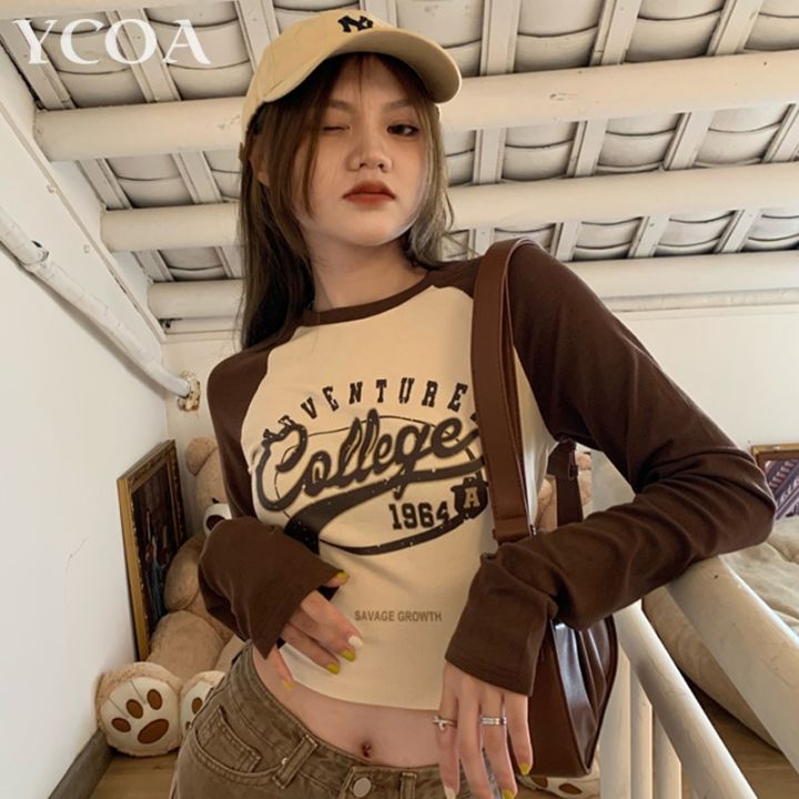 Women T-Shirt Y2k Crop Top Summer Sexy Long Sleeve Print