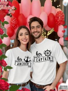 MenS & WomenS Matching "Im Her Captain Im His Anchor" Nautical T-Shirts - Pink Short Sleeve Round Neck Casual & Comfortable Romantic CoupleS Apparel Romantic CoupleS Apparel Trendy Streetwear T-Shirt