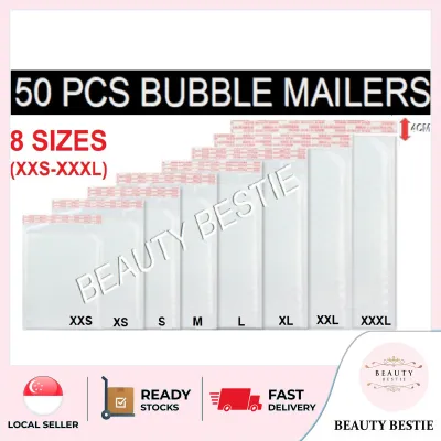 *50 PIECES* POLYMAILER ENVELOPES (8 SIZES) SG SELLER *FAST DELIVERY* Good Quality Waterproof Glossy Pearl White Polymailer Padded Plastic Quick Packing Protective Polymailer Online Air Bubble Courier Poly Mailer Bag with Safe Adhesive Seal