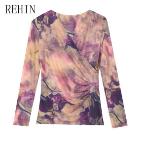 REHIN  Spring/Autumn New V-Neck Ruched Pullover Long-Sleeve T-Shirt Pink Tie-Dye Print Ultra Slim-Fit Fashionable Womens Top