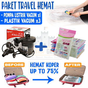 (PAKET HEMAT) Pompa Listrik + Vacum Bag 3 Pcs Plastik Vacum Pakaian Vacuum Bag Plastic Travel / Tas Plastik Vakum Baju Pakaian Laundry Bag Storage Keranjang Pakaian / Tas Kompresi Pakaian Koper