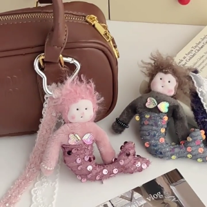 Unique Lace Ribbon Toy Keychain Pendant Sequined Mermaids Stuffed Girls Dolls Keyring Bag Charm for Purse and Wallet