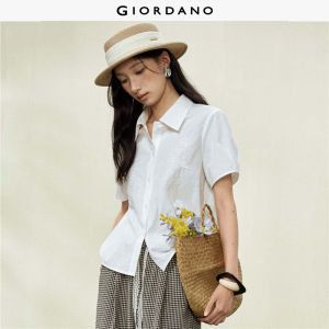 Giordano Women Pure cotton embroidered collar woven short-sleeve shirt - High Quality Free Shipping 18346305