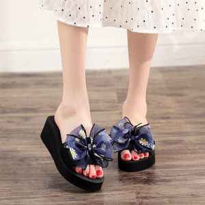 [Free Shipping] New Summer Cotton Thick-Soled Wedge Sandals Fashionable Round-Toe Bowknot Strap Outdoor WomenS Slippers