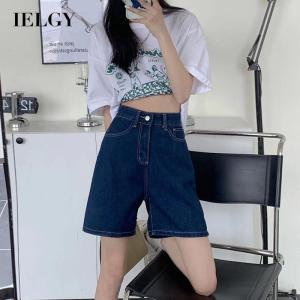 Ielgy nữ vải Denim mỏng eo cao thẳng năm điểm quần đùi