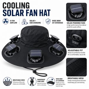 LUMINOU Breathable Solar Fan Hat UV Protection 6 Fans Solar Cooling Hat  Adjustable Fan Visor Cap For Men