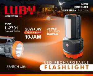 Luby L-2701 Rechargeable LED Flashlight 20W+3W Tahan Lama 10 Jam Baterai 2500mAh