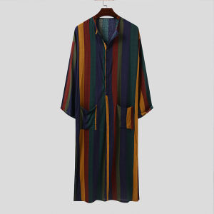 Men Muslim Long Sleeve Jubahs Saudi Arabia Robe Thobe Abaya Islamic Striped Hippy Dress Kaftan Shirt