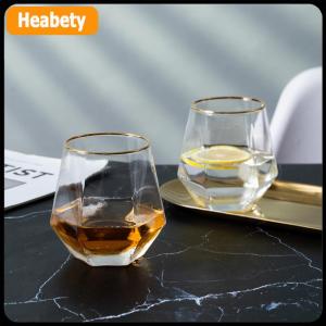 【2-3 days delivery】 European Style Gold Edged Plastic Hexagonal Household Transparent Whiskey Glass Hexagonal Foreign Wine Glass