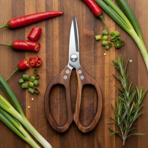 LINSBAYWU Non-Slip Wood Handle Kitchen Scissor Sharp Heavy Duty Ramen Scissor Unique Stainless Steel Barbecue Scissor Noodle